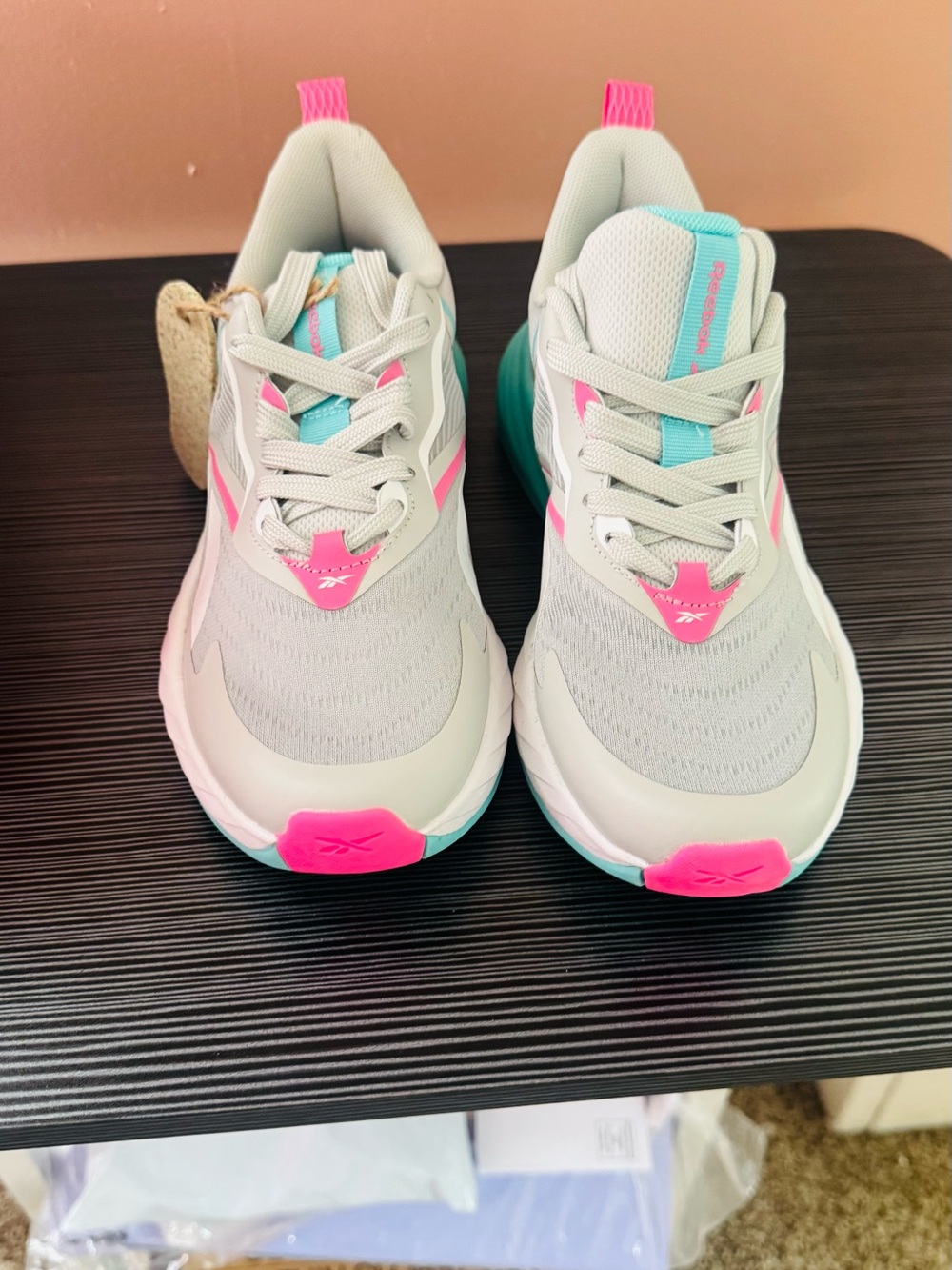 Reebok Kids Light Gray Sneakers with Pink & Teal Accents